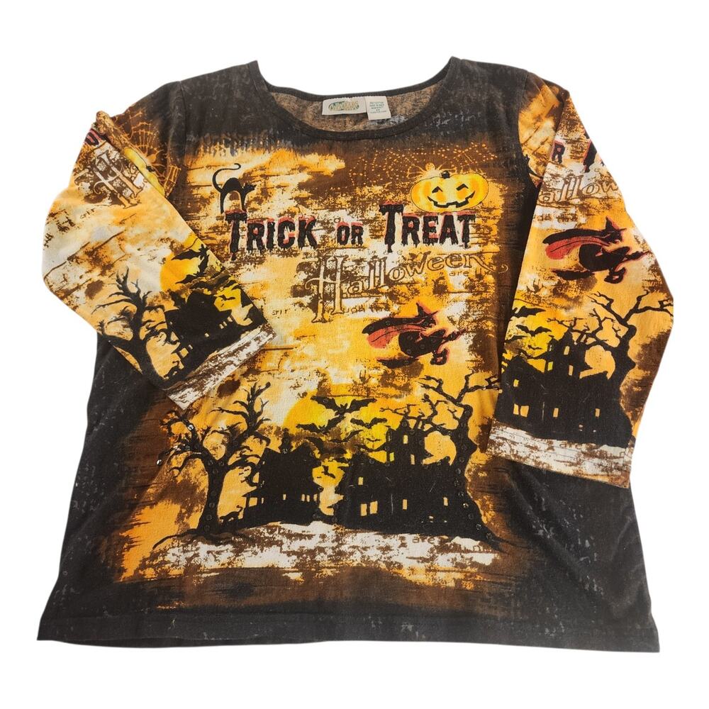 Collections Etc. Halloween Long Sleeve Top Women's M Goth Witch Pumpkin Spooky